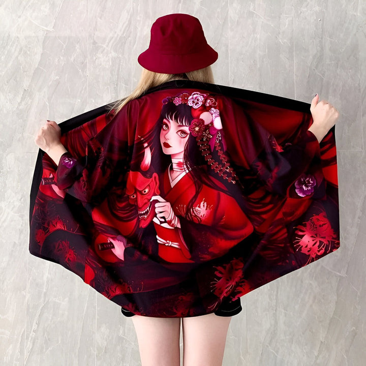 Kimono rouge avec motif d'une femme et d'un démon japonais. Vêtement traditionnel avec style unique. Découvrez notre collection de kimonos.