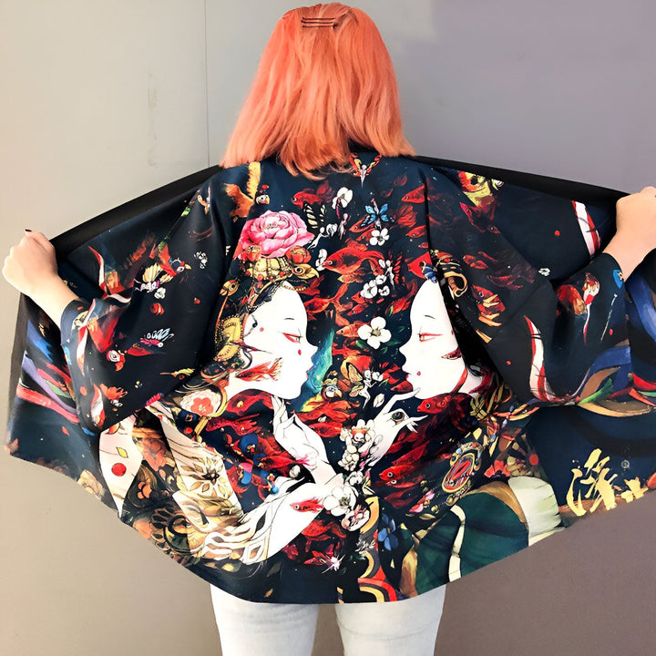 Dos d'une femme portant un kimono imprimé de motifs floraux et de visages féminins. Kimono japonais à motifs colorés. Vêtements de style kimono à vendre.
