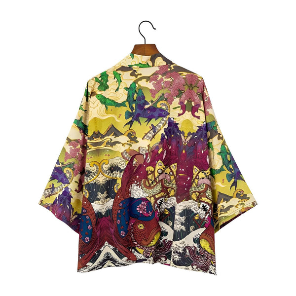 Kimono imprimé dos, motif vagues, poissons rouges, carpes koï et fleurs de cerisier. Vêtement japonais tendance, idéal pour un look unique et original. Notre collection de kimonos pour hommes et femmes.