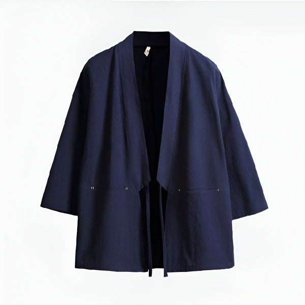 Kimono bleu marine en coton, coupe décontractée avec poches. Vêtements traditionnels japonais en vente.