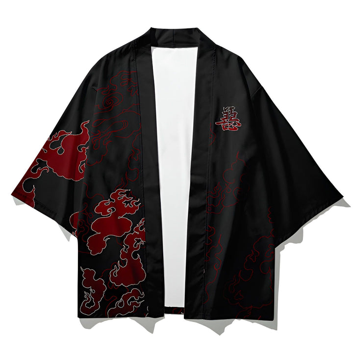 Kimono noir à motifs de flammes rouges. Vêtement traditionnel japonais revisité. Découvrez notre collection de kimonos uniques.