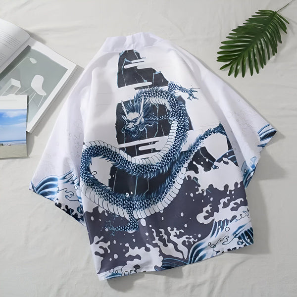 Kimono blanc avec motif de dragon bleu, style japonais moderne. Vêtement léger et confortable, idéal pour un look décontracté et tendance. Découvrez notre collection de kimonos uniques!