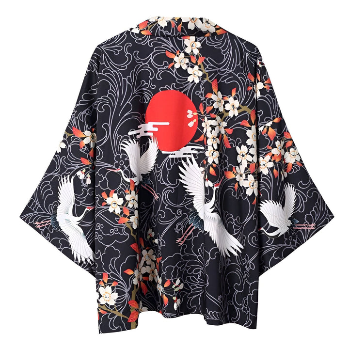 Kimono noir avec motifs de grues blanches, de fleurs et de soleil rouge. Vêtement de style japonais. Idée cadeau kimono.