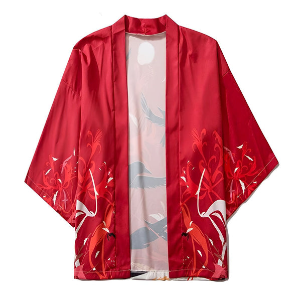 Kimono rouge avec motifs floraux et oiseaux stylisés. Vêtement traditionnel japonais disponible à l'achat.