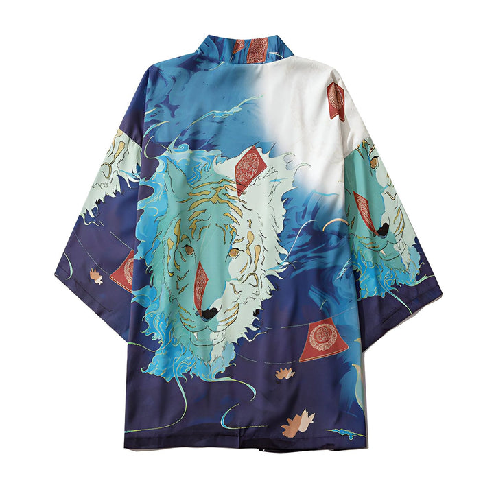 Kimono imprimé tigre bleu et blanc. Vêtement japonais traditionnel pour homme et femme. Boutique de kimonos en ligne.