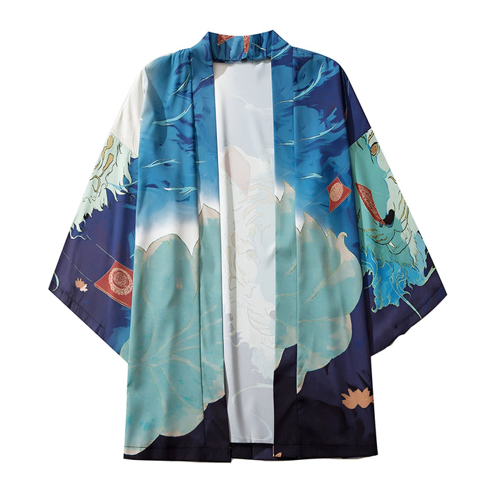 Kimono bleu avec motif floral et tigre, style japonais. Vêtements traditionnels et modernes. Notre collection de kimonos uniques.