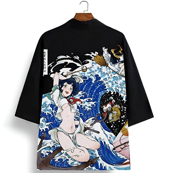 Kimono noir avec illustration de style manga japonais représentant des femmes et des vagues bleues. Vêtement ample, idéal pour un look décontracté et original.