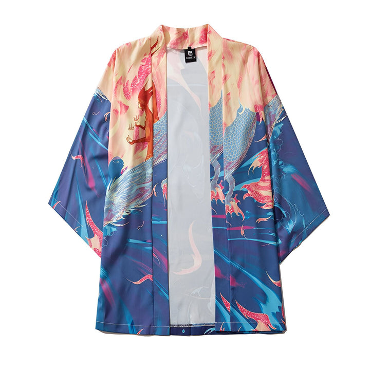 Kimono imprimé avec motif dragon et personnage fantastique. Vêtement de style japonais disponible à l'achat. Collection de kimonos uniques.