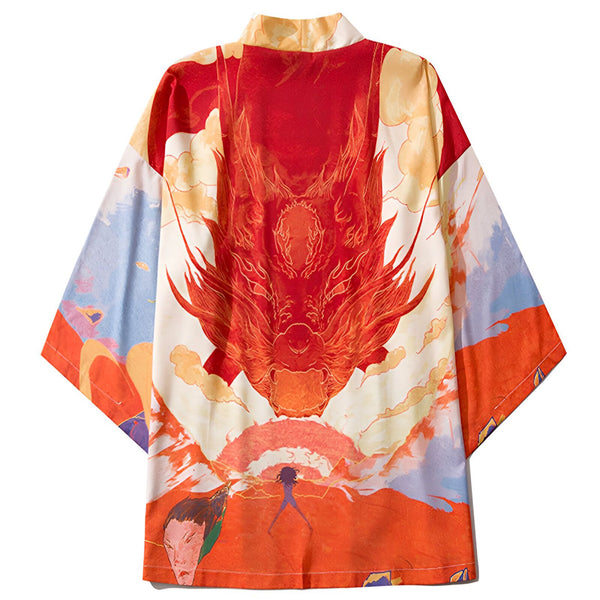Kimono imprimé avec motif de dragon rouge et illustrations inspirées du Japon. Vêtement traditionnel japonais revisité.