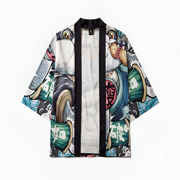 Kimono blanc imprimé avec un motif d'animal manga et d'écritures japonaises. Vêtement traditionnel japonais revisité. Mode unisexe.