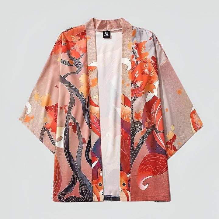 Kimono à motif floral et renard, style japonais. Vêtement traditionnel en vente.