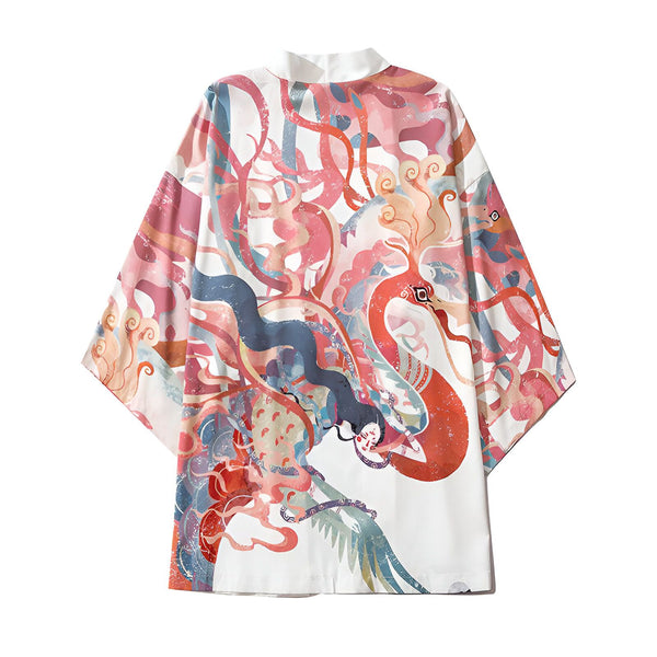 Kimono blanc avec motifs abstraits et colorés. Vêtement ample à manches courtes. Idéal pour un style japonais unique et tendance. Découvrez notre collection de kimonos.