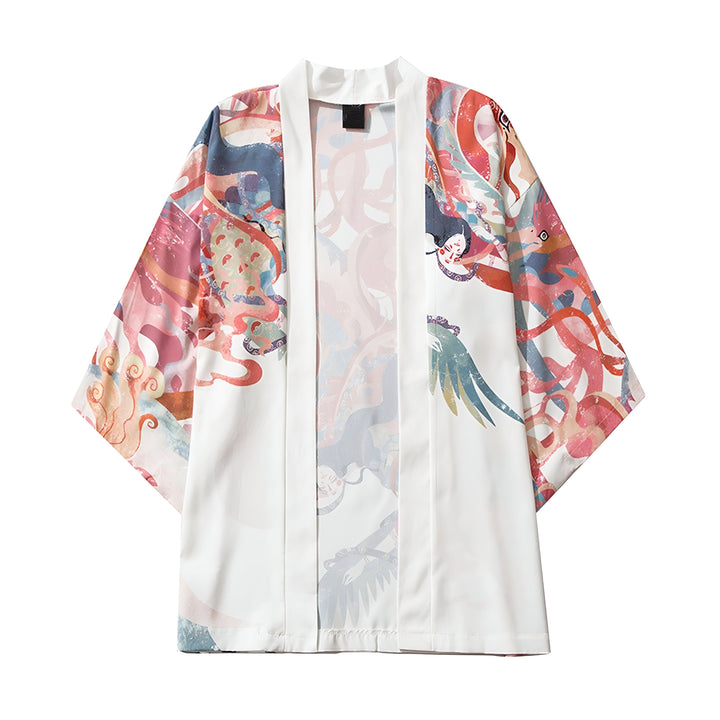 Kimono blanc à motifs colorés de style japonais. Vêtements traditionnels revisités. Idéal pour un look unique et tendance. Découvrez notre collection de kimonos imprimés.