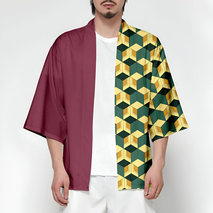 Kimono homme bicolore, une manche bordeaux uni, une manche à motifs géométriques vert et jaune. Vêtements japonais en vente.