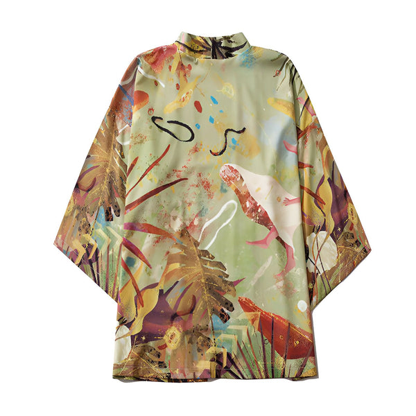 Kimono avec motifs abstraits et végétaux, style unique. Vêtement ample et confortable, idéal pour un look décontracté et tendance. Découvrez notre collection de kimonos originaux.