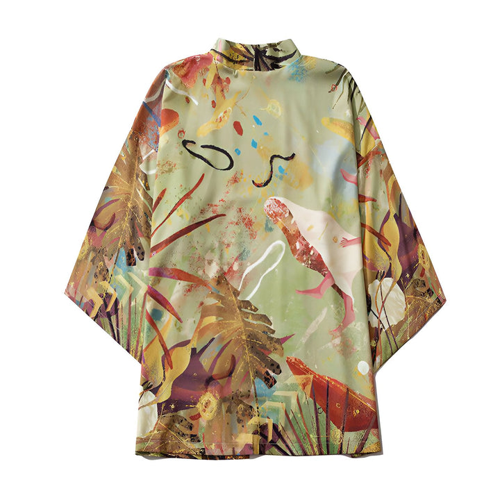 Kimono avec motifs abstraits et végétaux, style unique. Vêtement ample et confortable, idéal pour un look décontracté et tendance. Découvrez notre collection de kimonos originaux.