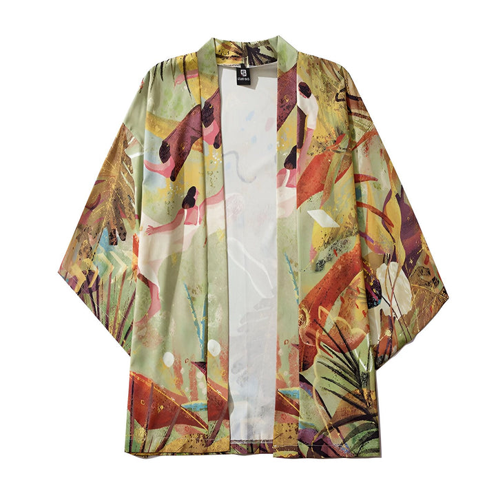 Kimono imprimé motifs abstraits, style japonais tendance. Vêtement léger et coloré pour un look unique. Découvrez notre collection de kimonos pour hommes et femmes.