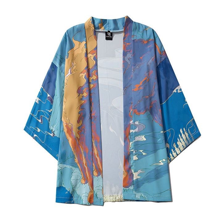 Kimono japonais bleu avec motif de vagues et flammes orange. Vêtement traditionnel pour homme et femme. Boutique de kimonos authentiques.