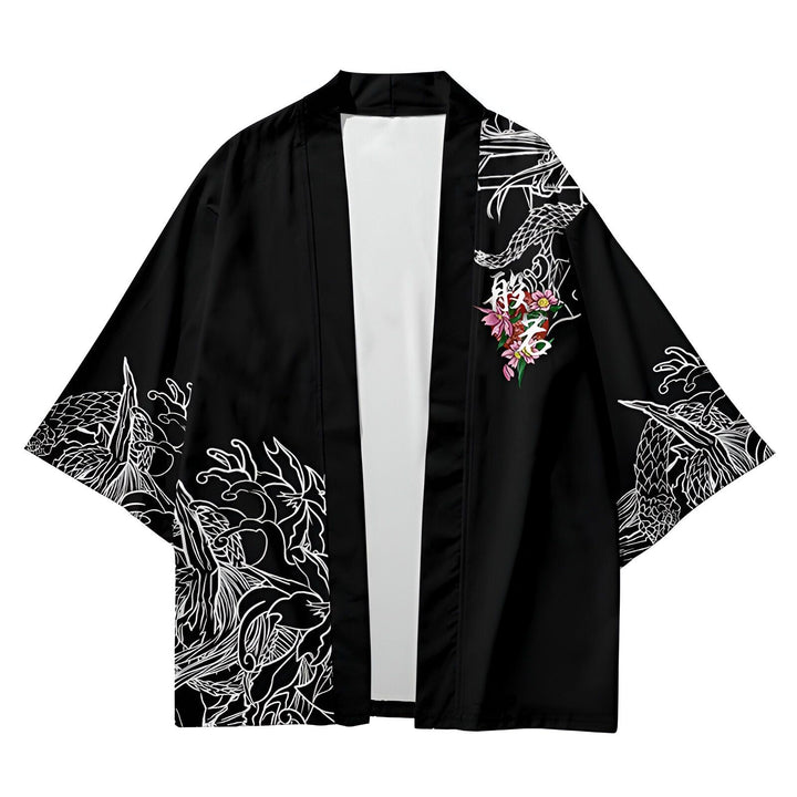 Kimono noir avec motifs brodés de dragons et de fleurs. Vêtement de style japonais, parfait pour un look unique et tendance. Découvrez notre collection de kimonos originaux.