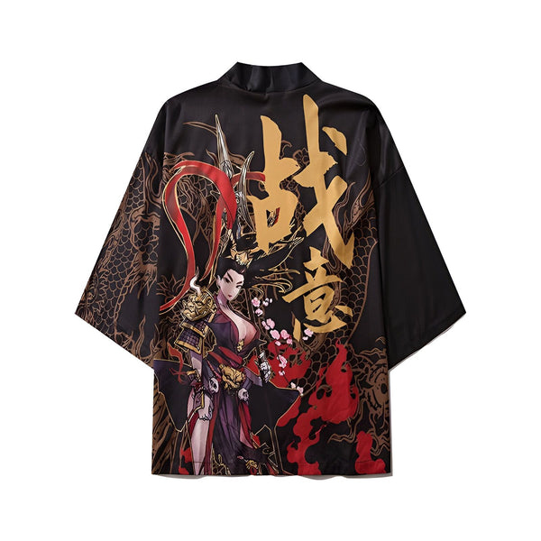 Kimono noir avec illustration d'une guerrière japonaise, des dragons et des caractères asiatiques dorés. Vêtement traditionnel japonais revisité, idéal pour un style unique. Découvrez notre collection de kimonos.