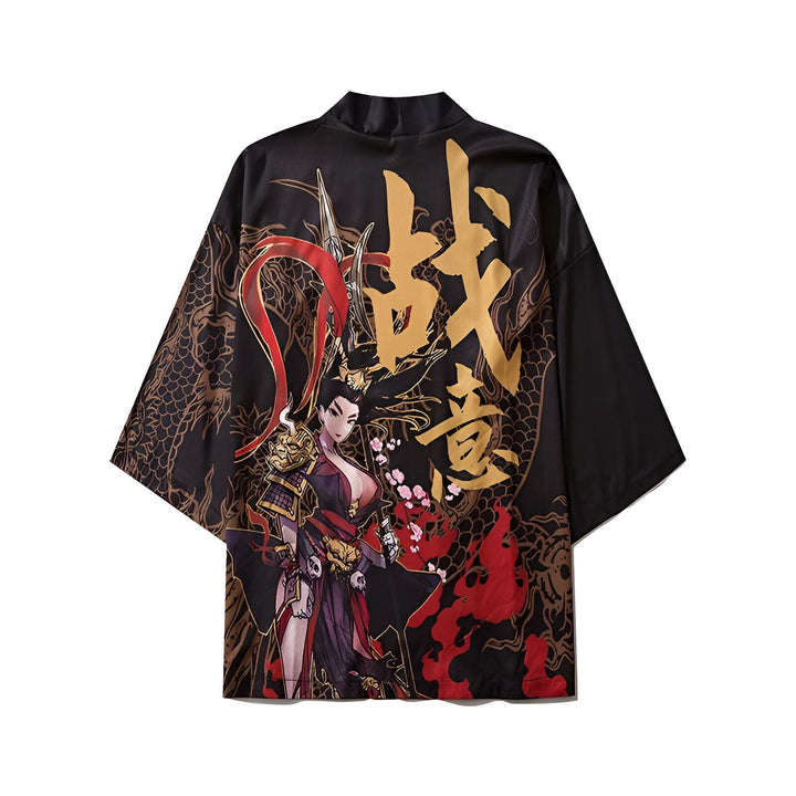 Kimono noir avec illustration d'une guerrière japonaise, des dragons et des caractères asiatiques dorés. Vêtement traditionnel japonais revisité, idéal pour un style unique. Découvrez notre collection de kimonos.