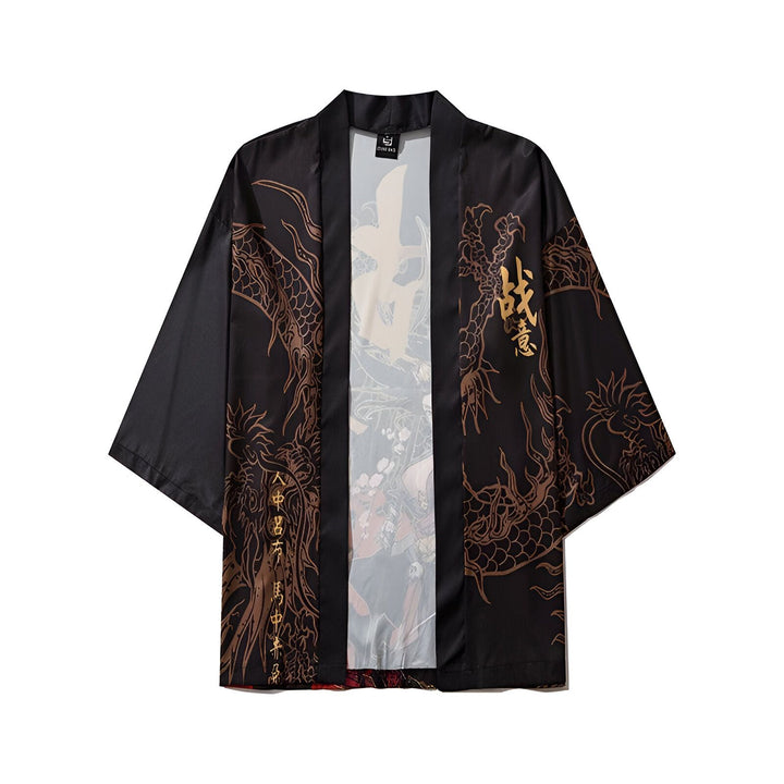 Kimono noir avec motifs de dragons dorés et caractères japonais. Vêtement traditionnel revisité, idéal pour un style unique. Découvrez notre collection de kimonos originaux.
