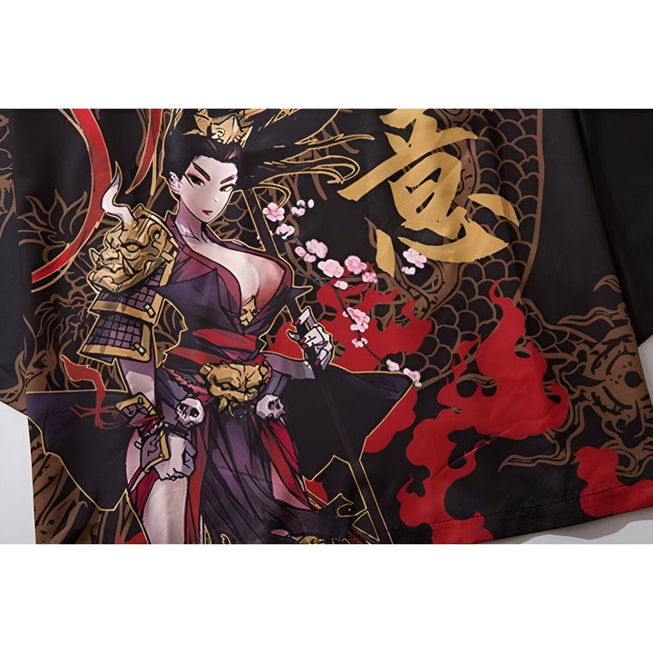 Kimono imprimé avec motif de guerrière japonaise en armure, dragons et fleurs de cerisier. Vêtements de style japonais pour hommes et femmes.