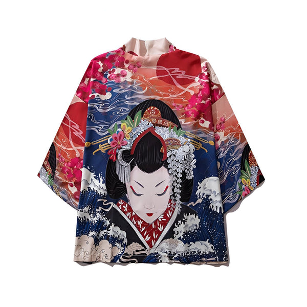 Kimono imprimé avec motif de geisha, vagues et fleurs de cerisier. Vêtement traditionnel japonais disponible à l'achat.
