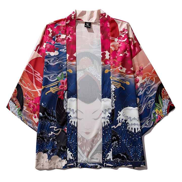 Kimono japonais coloré avec motifs de geisha, fleurs de cerisier et vagues. Vêtement traditionnel japonais disponible à l'achat.