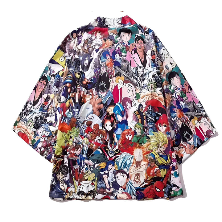 Kimono imprimé avec motifs de personnages d'animés et de mangas populaires. Vêtement de style japonais, idéal pour les fans d'animation japonaise. Disponible à l'achat sur notre boutique en ligne de kimonos.