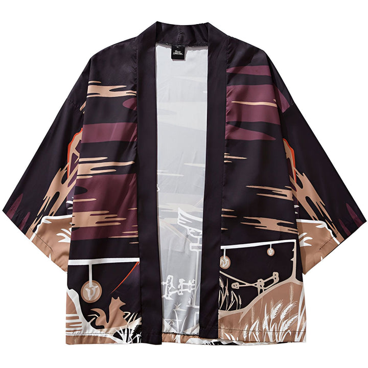 Kimono noir avec motif paysage japonais abstrait. Vêtement ample, manches larges. Idéal pour un style unique et décontracté. Notre collection de kimonos tendance.