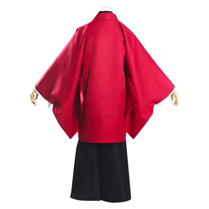 Vue arrière d'un kimono rouge et noir sur un mannequin. Vente de kimonos traditionnels et modernes.