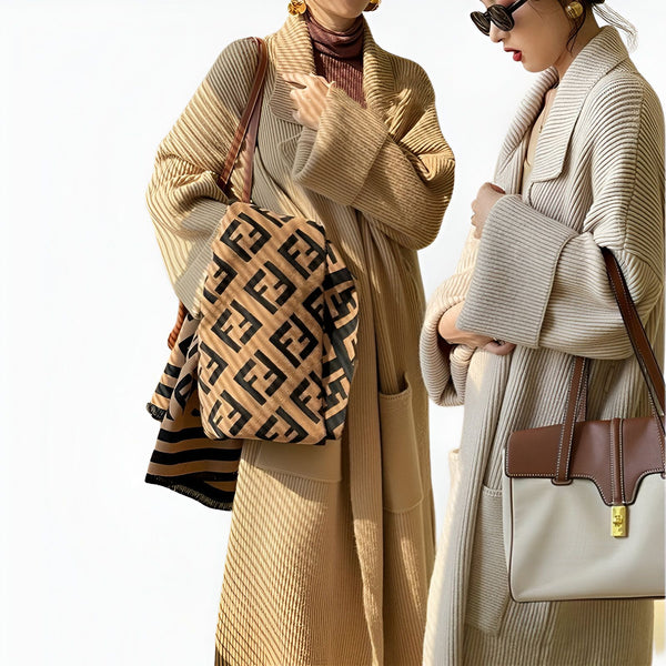 Deux femmes portant des kimonos longs en maille beige, accessoires mode comme des sacs à main et des bijoux. Vente de kimonos en ligne.