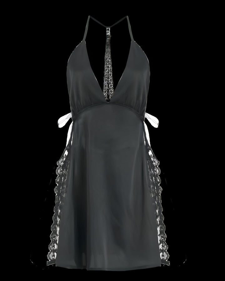 Kimono court noir avec bordure en dentelle, décolleté plongeant et bretelles fines croisées dans le dos. Élégance et sensualité pour un look unique. Découvrez notre collection de kimonos.