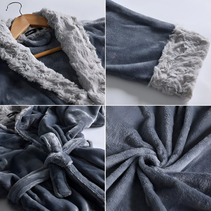 Détails d'un kimono douillet gris avec bordure en fausse fourrure. Vente de kimonos de qualité pour homme et femme. Tissus doux et confortables.