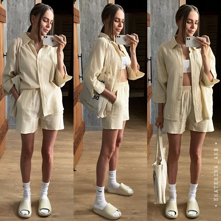 Femme en tenue décontractée : chemise et short assortis couleur crème. Un style kimono moderne et confortable, parfait pour la maison ou les sorties. Idéal pour les amateurs de kimonos revisités.