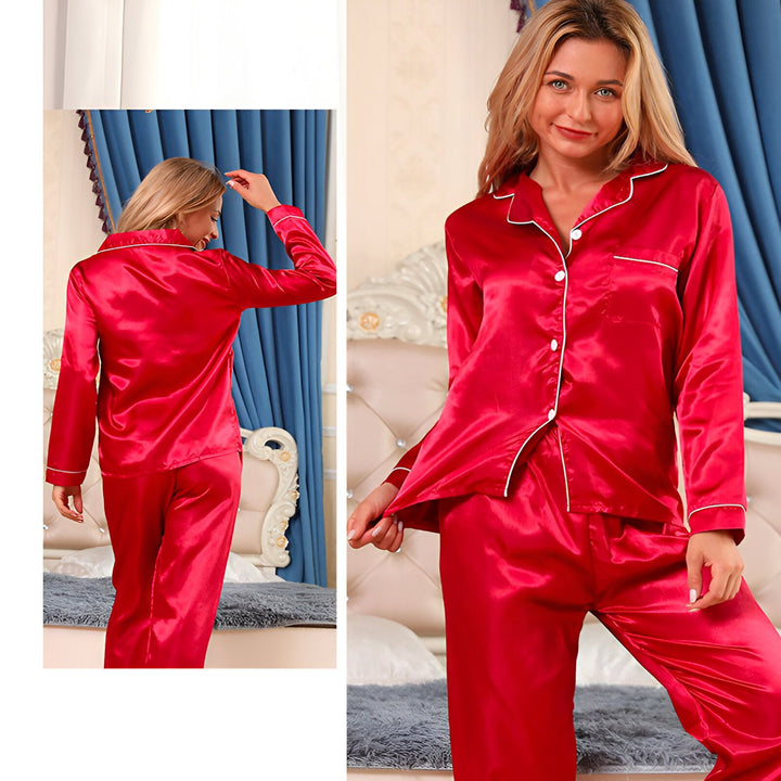 Femme portant un pyjama kimono rouge en satin avec bordure blanche. Vêtements de nuit confortables et élégants. Kimonos et vêtements de détente de notre boutique.