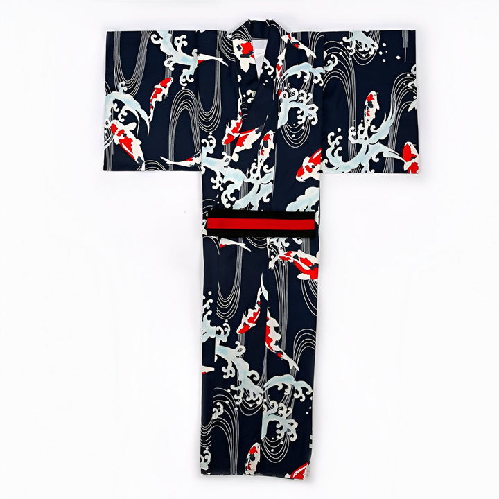 Kimono japonais bleu marine avec motif carpes koï rouges et vagues blanches. Vêtement traditionnel japonais, parfait pour un style unique. Découvrez notre collection de kimonos.